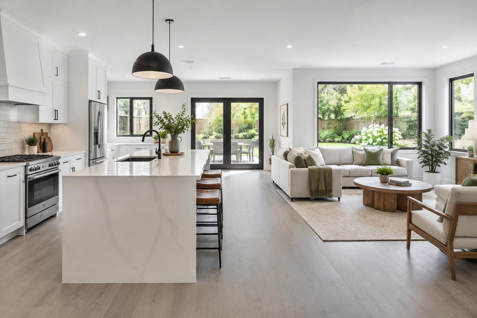 Illustrative bright contemporary kitchen and living room overlooking a green garden